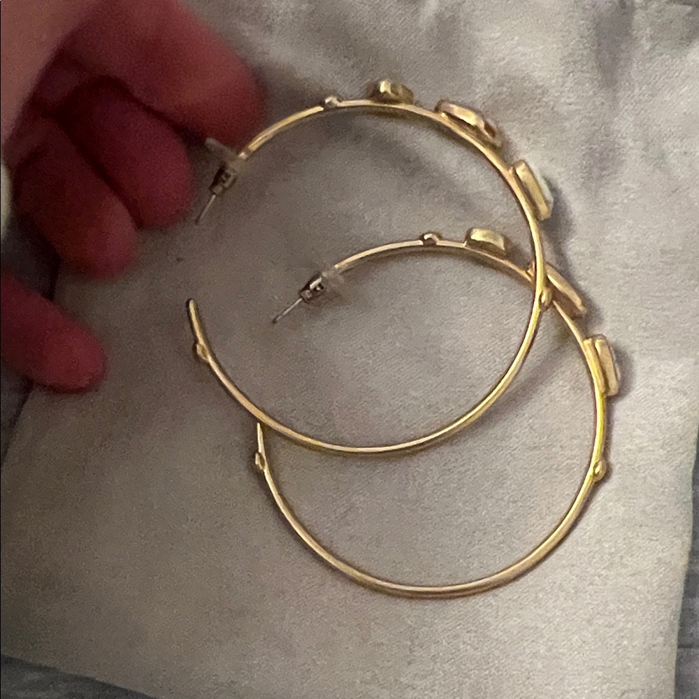 Gold-Tone Stone Accent Hoop Earrings - White and Iridescent - Picture 3 of 4
